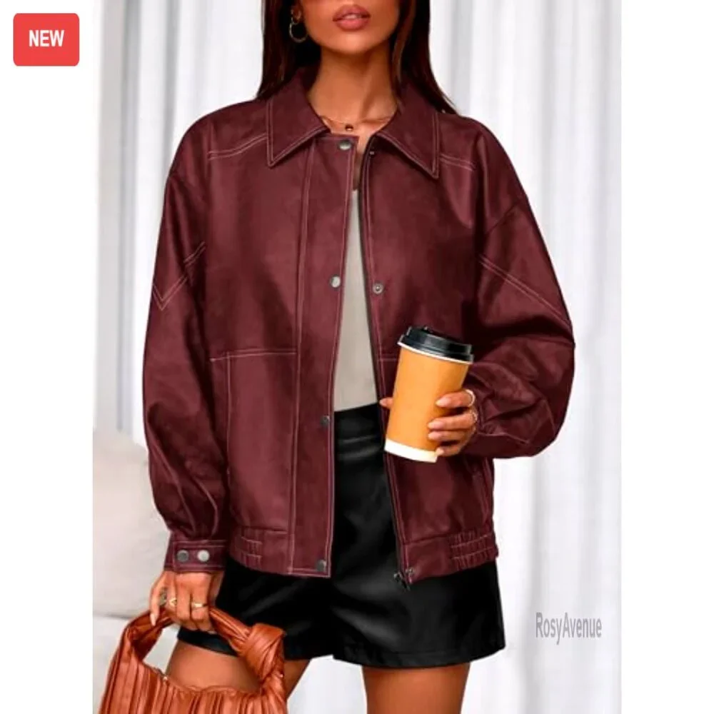 Faux Leather Bomber Jacket Women's Oversized Motorcycle Style Zip Up - Picture 5 of 7
